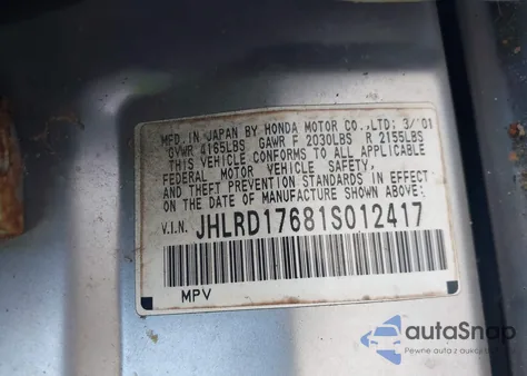 2001 Honda Cr-V Ex из США, поврежденный, VIN JHLRD17681S012417